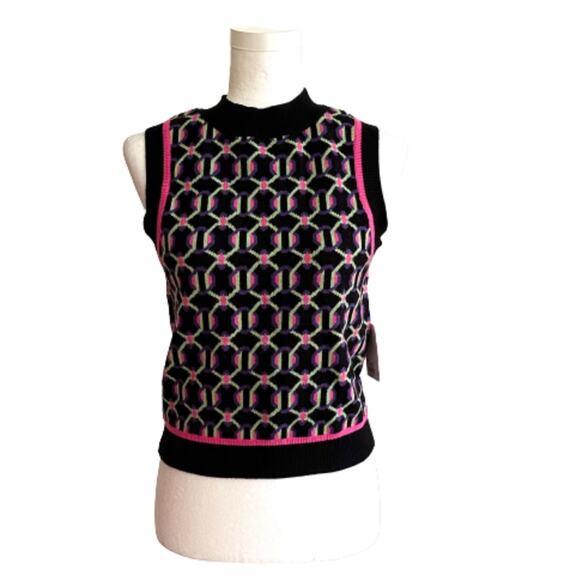 SO Retro Sweater Vest Preppy Black Fuchsia Crop High Neck Vest Junior Medium NEW - Picture 2 of 13